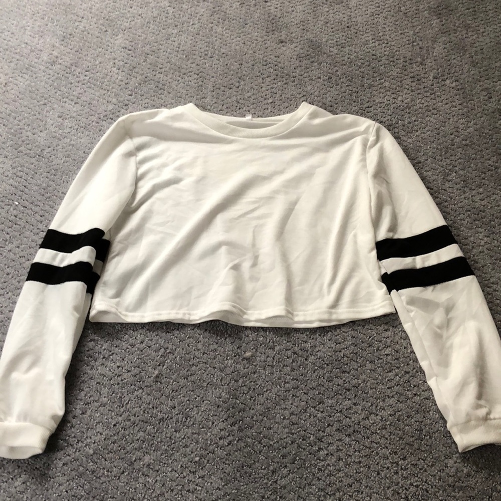 White Varsity Striped Sleeve Crop T-Shirt - Picture 1 of 4